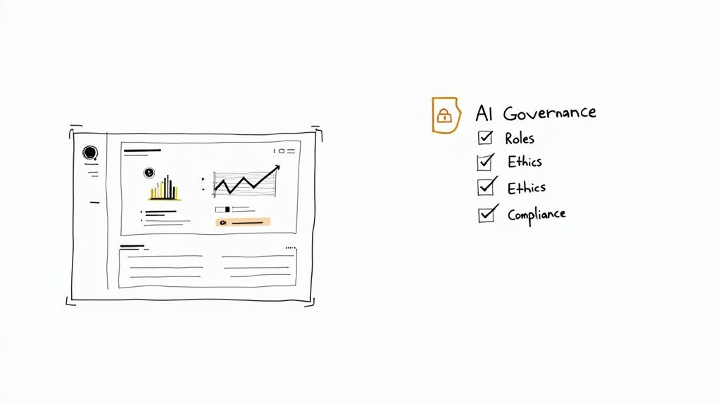 A sketch showing an AI governance checklist including roles, ethics, and compliance, with a dashboard.