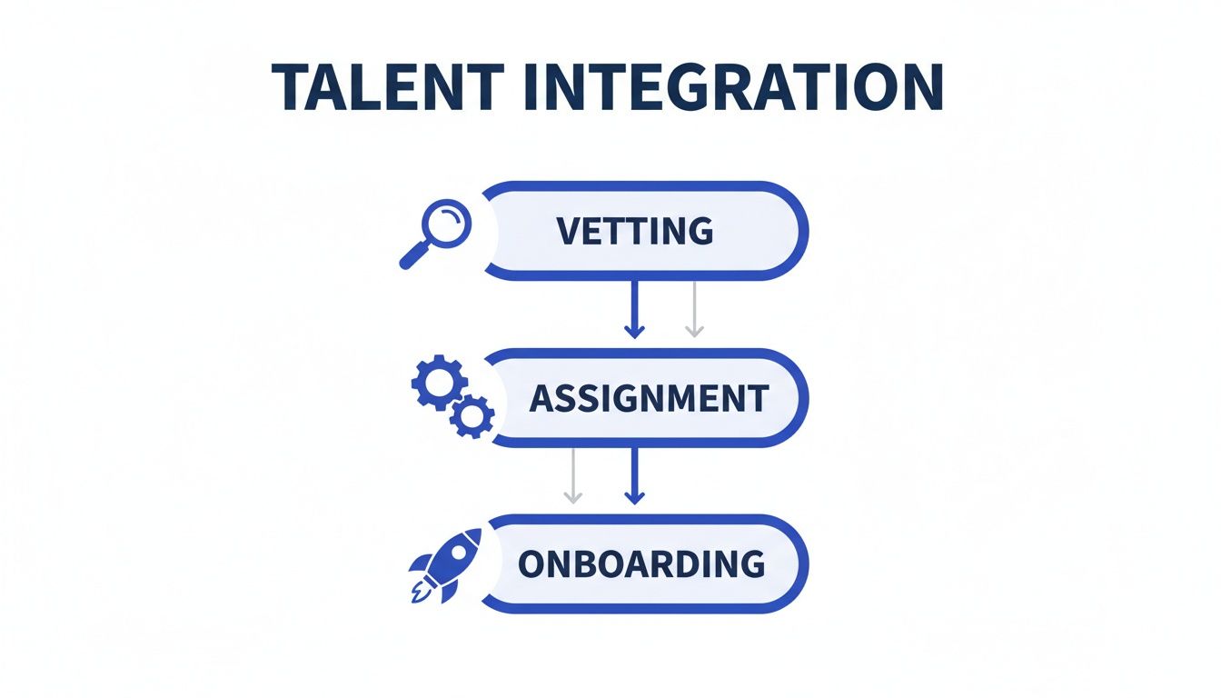 A flowchart titled 'TALENT INTEGRATION' with three steps: Vetting, Assignment, and Onboarding, each with an icon.