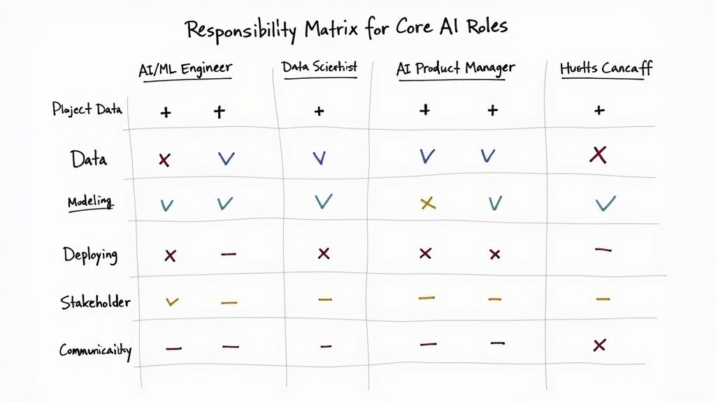 A responsibility matrix for core AI roles, detailing tasks for AI/ML Engineer, Data Scientist, and AI Product Manager.