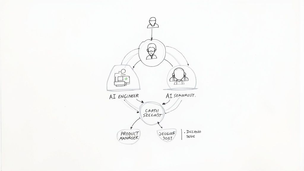 A hand-drawn diagram illustrating a cross-functional team collaborating on an AI product development workflow.