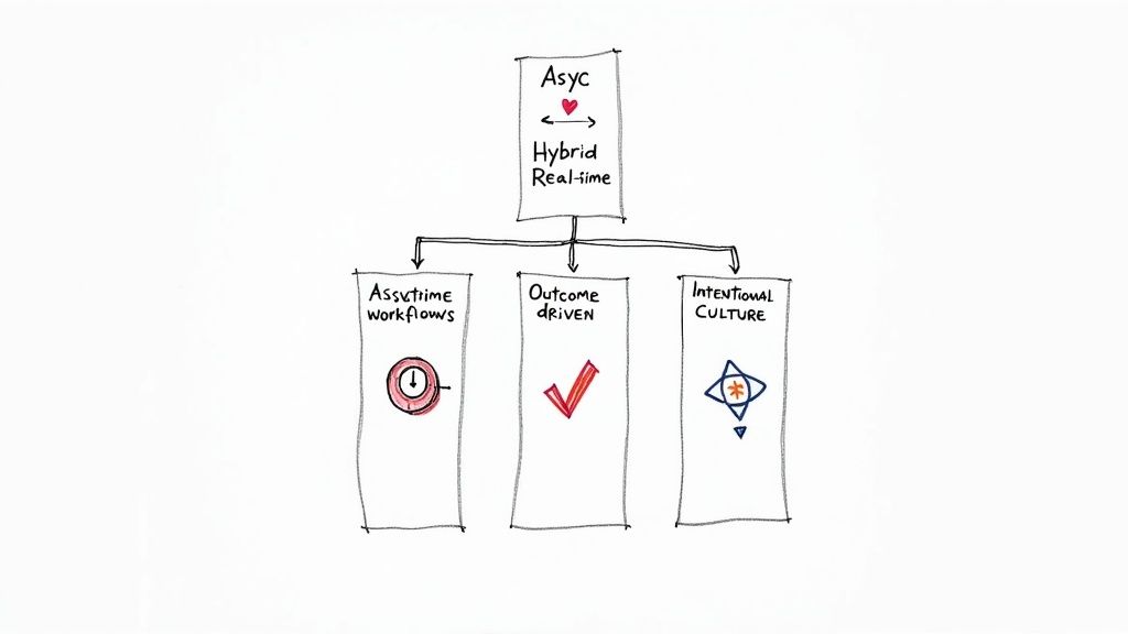 Diagram illustrating an Async Hybrid Real-time work model with three pillars: asynchronous workflows, outcome-driven, and intentional culture.