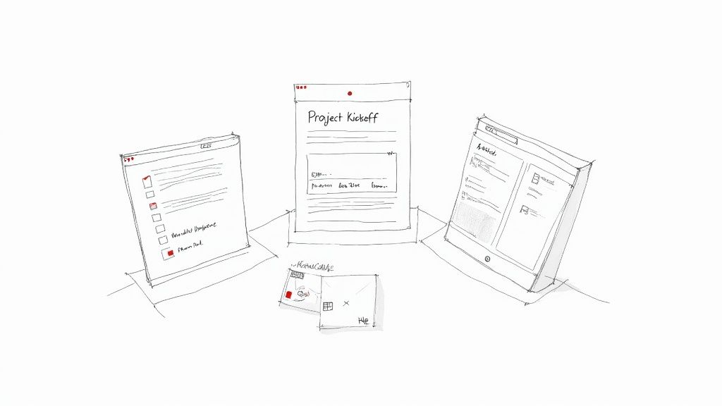 Hand-drawn sketches of digital project management wireframes, task lists, and project kickoff screens.