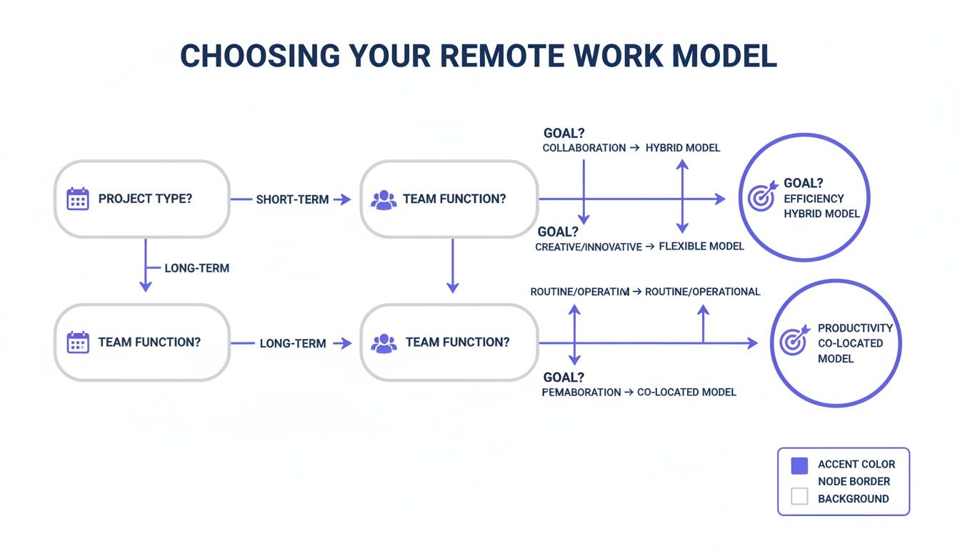 Flowchart guiding the selection of a remote work model based on project type, team function, and goals.
