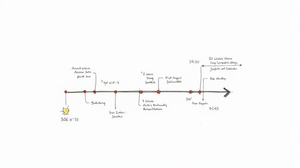 A handwritten timeline illustrating various project milestones and tasks with associated dates and descriptions.
