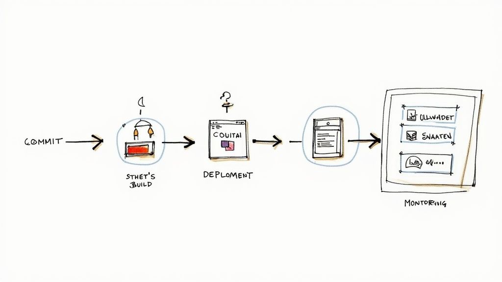 Hand-drawn diagram illustrating a software development and deployment workflow from commit to monitoring.
