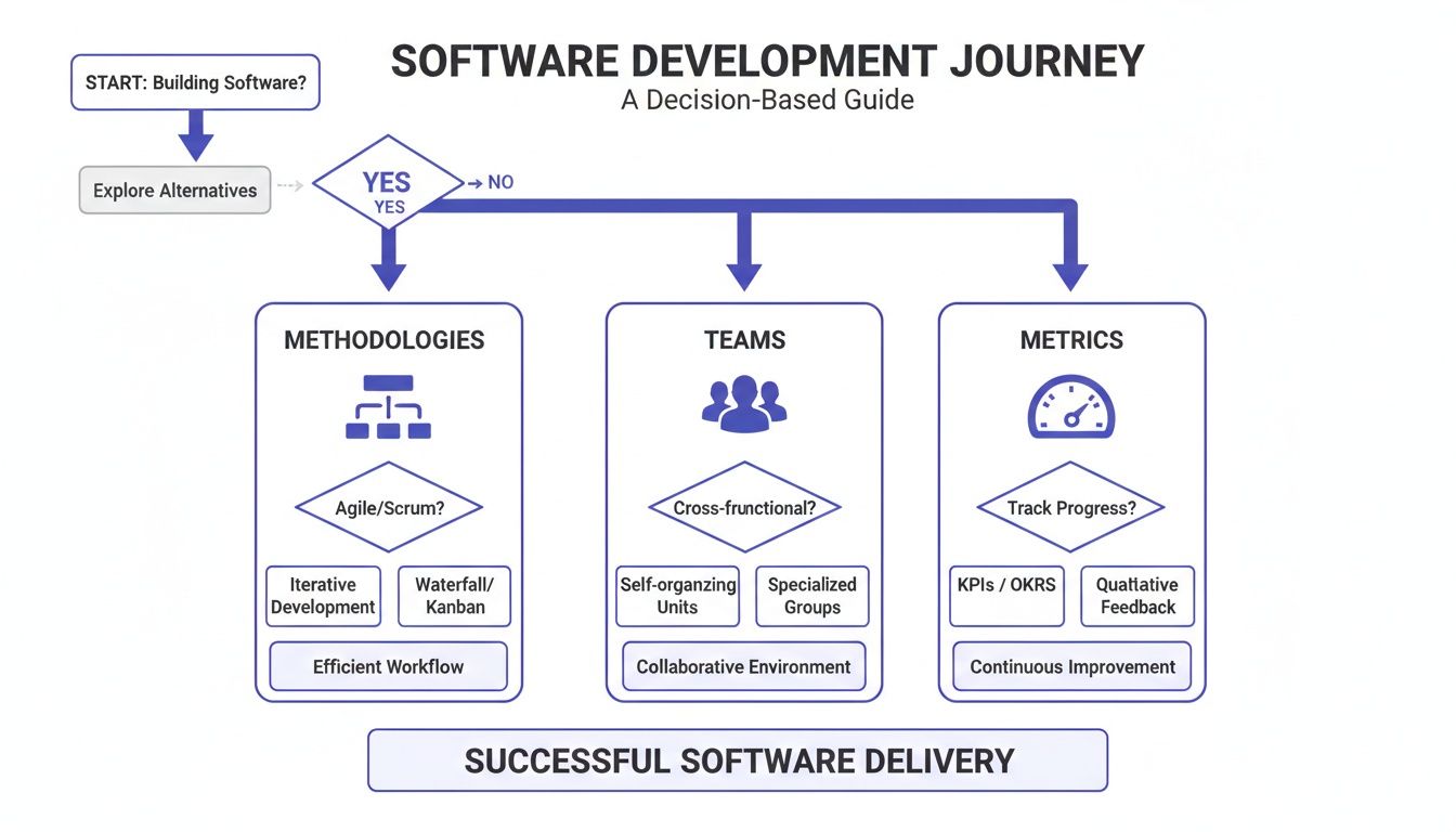 Flowchart illustrating the software development journey with decisions on methodologies, teams, and metrics for successful delivery.