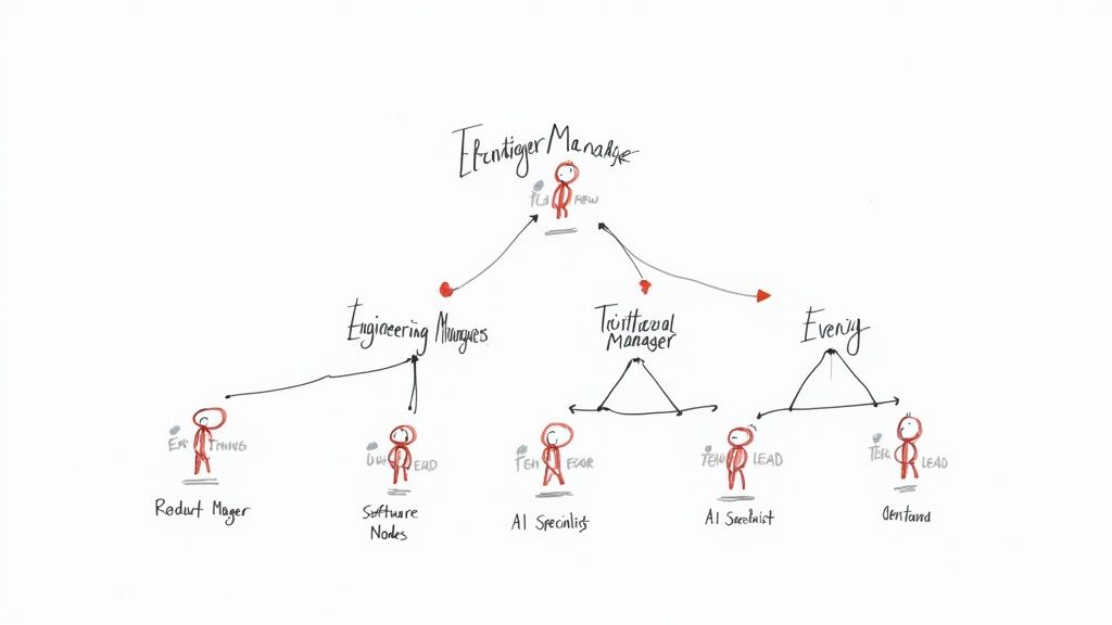 A hand-drawn organizational chart illustrating roles and reporting structures in software development management.