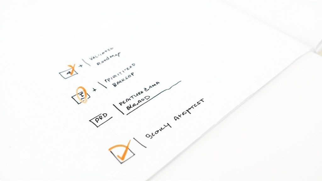 A handwritten product management checklist on white paper, showing tasks like roadmap, backlog, and feature definitions.