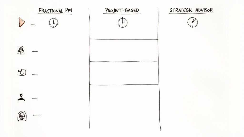 A whiteboard diagram comparing Fractional PM, Project-Based, and Strategic Advisor roles with icons for various dimensions.