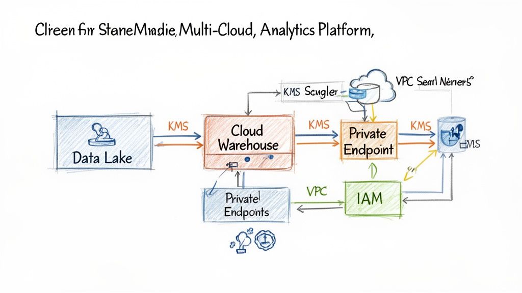 Diagram illustrating a multi-cloud analytics platform architecture with Data Lake, Cloud Warehouse, KMS, and IAM.