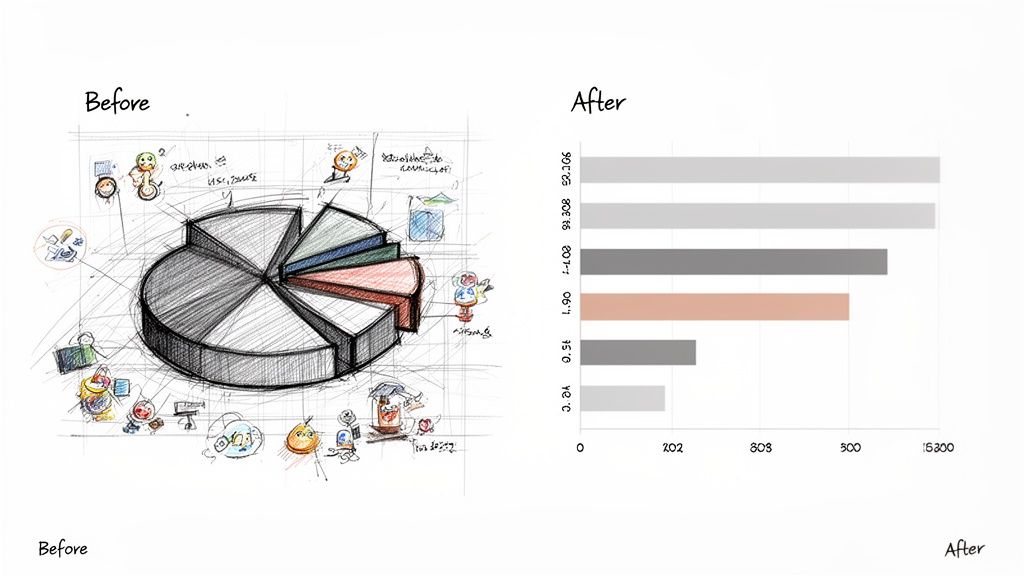 Before and after comparison showing a messy visualization with 3D effects and background clutter transformed into a clean, clear bar chart focused only on the data.