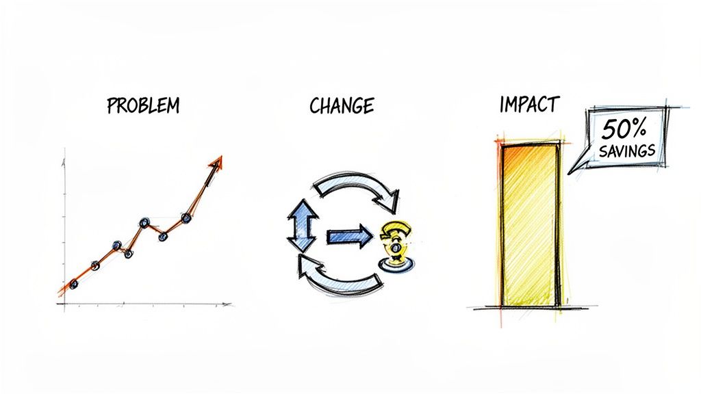 A diagram illustrating the storytelling structure for data visualization, starting with a graph showing a rising problem, followed by a 'change' process, and ending with the impactful result of '50% Savings'.