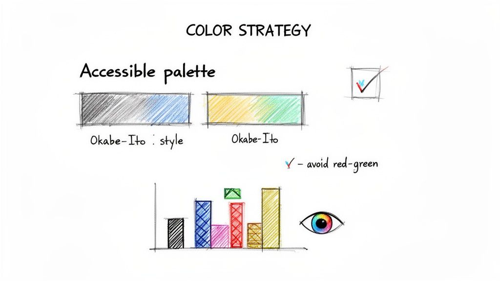 Hand-drawn color strategy for data visualization, featuring accessible palettes and avoiding problematic red-green combinations.