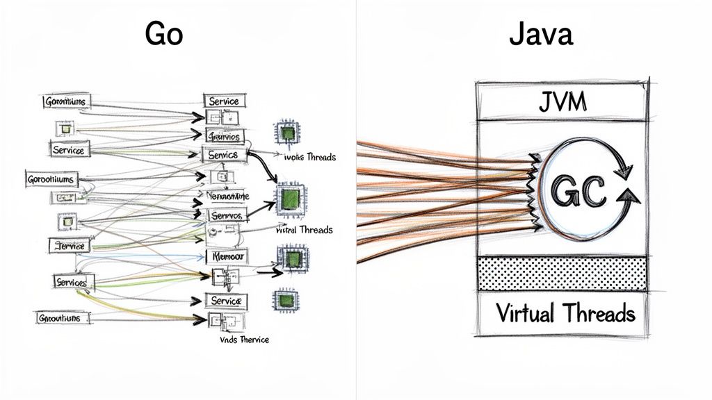 Go goroutines and services mapping to threads contrasted with Java's JVM, GC, and virtual threads for concurrency.