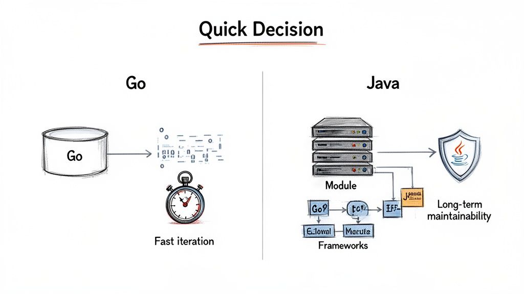 Visual comparison of Go and Java programming languages, showing Go for fast iteration and Java for long-term maintainability.