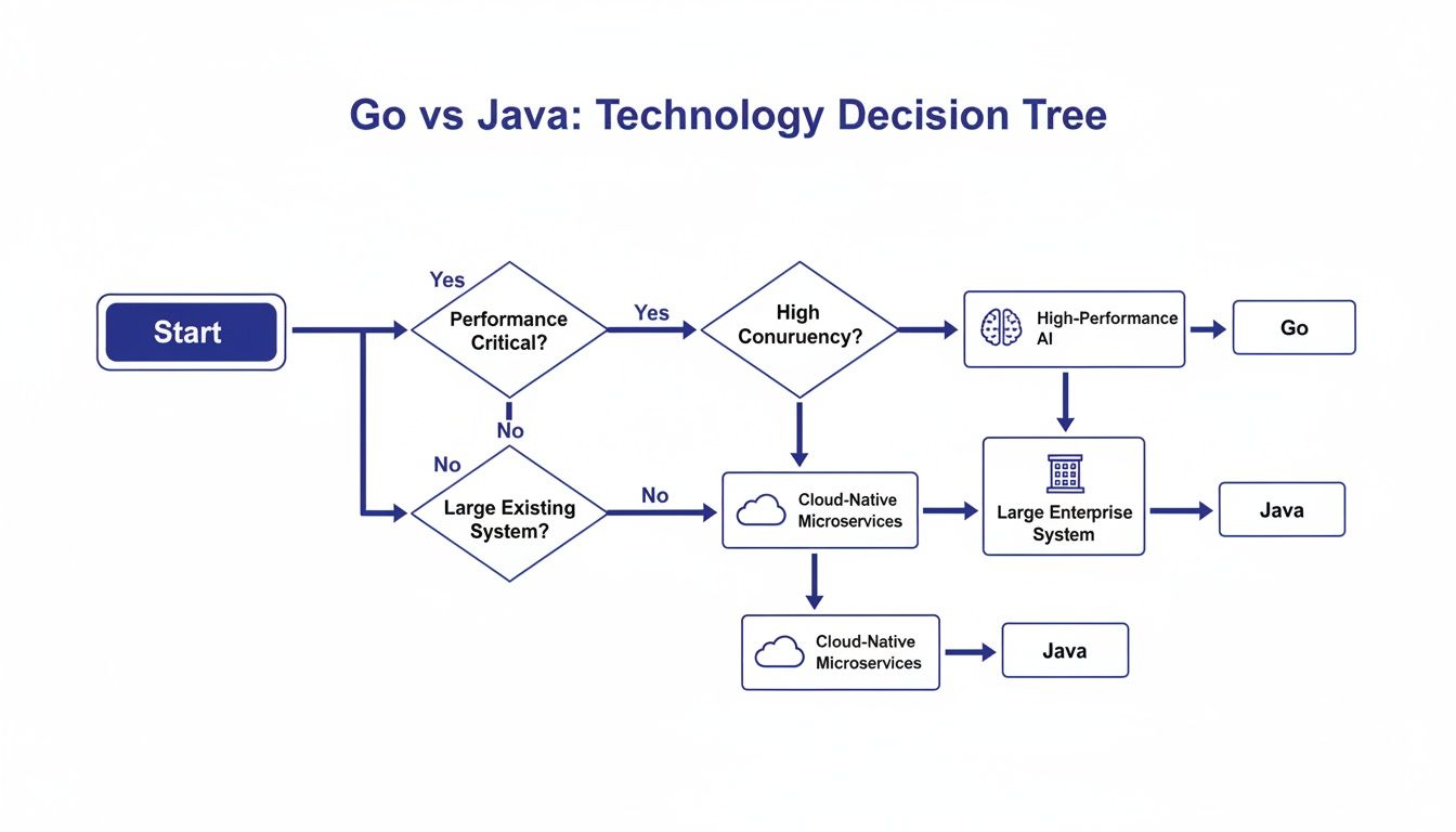 Decision tree flowchart guiding technology choice between Go and Java based on system requirements.