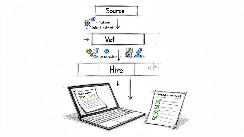 Flowchart showing the talent acquisition process: Source, Vet with code review, and Hire, including a take-home brief.