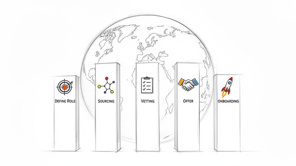 Infographic illustrates five key steps of the global talent acquisition process, from defining roles to onboarding.