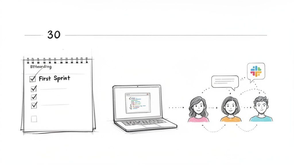 Illustration showing a checklist, a laptop with code, and three people collaborating via Slack for a sprint.
