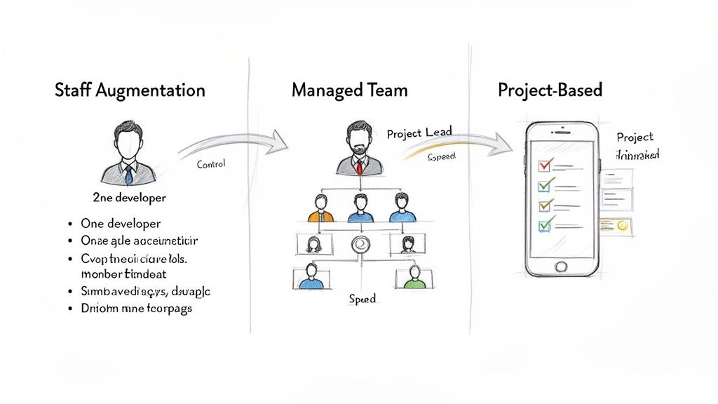 Diagram illustrating three IT development models: Staff Augmentation, Managed Team, and Project-Based.