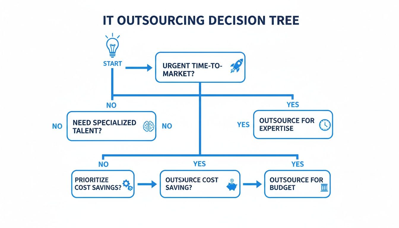 A decision tree guiding IT outsourcing strategies based on time-to-market, specialized talent, and cost savings.