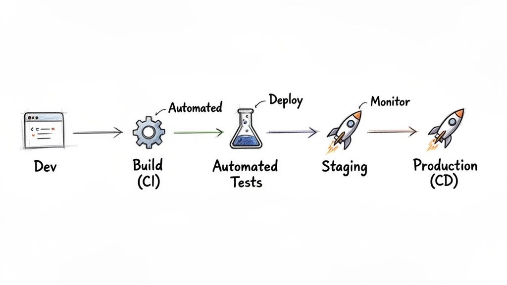 A diagram illustrating the Continuous Integration and Continuous Delivery (CI/CD) pipeline for software development.