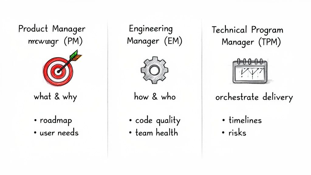 An image comparing Product Manager, Engineering Manager, and Technical Program Manager roles and responsibilities in software project delivery.