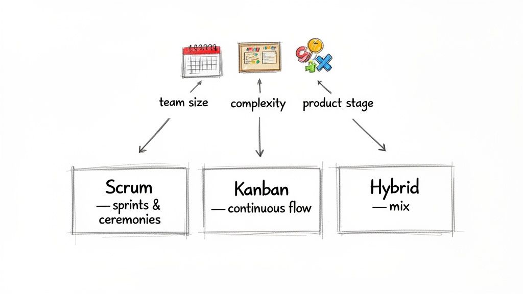 Diagram illustrating factors like team size, complexity, and product stage influencing Scrum, Kanban, or Hybrid methodologies.