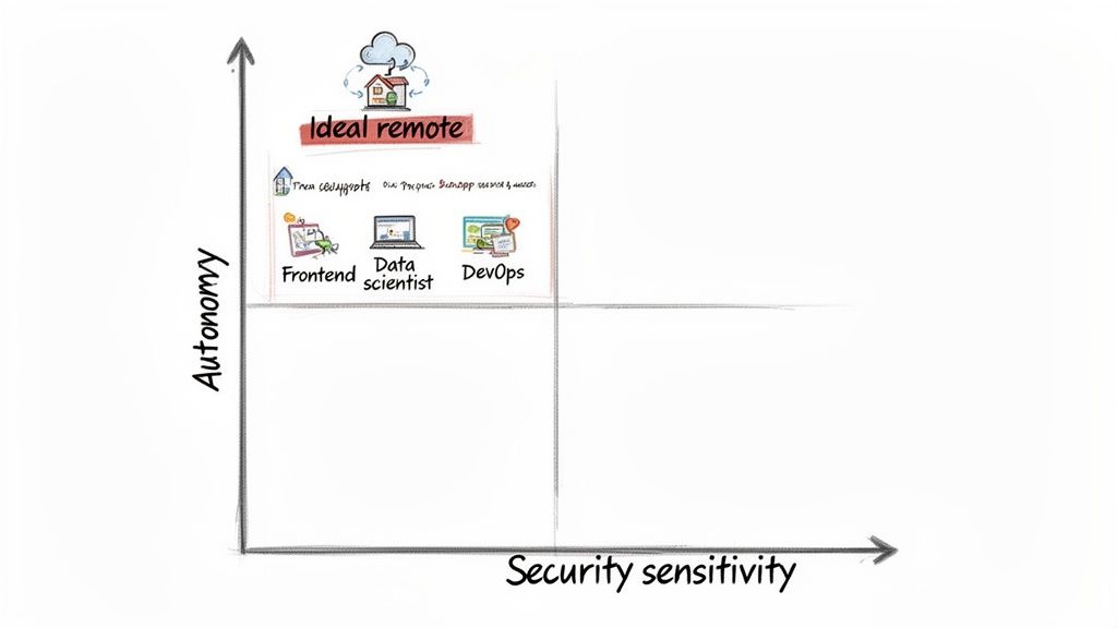 A quadrant chart showing Frontend, Data Scientist, and DevOps roles for ideal remote work based on autonomy and security sensitivity.