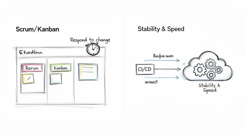 A diagram contrasting Agile Scrum Kanban methodologies with DevOps CI/CD for stability and speed.