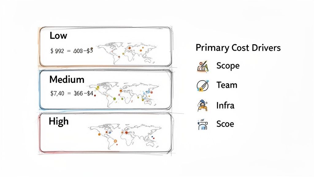 A slide detailing cost categories (low, medium, high) with prices, world maps, and primary cost drivers.