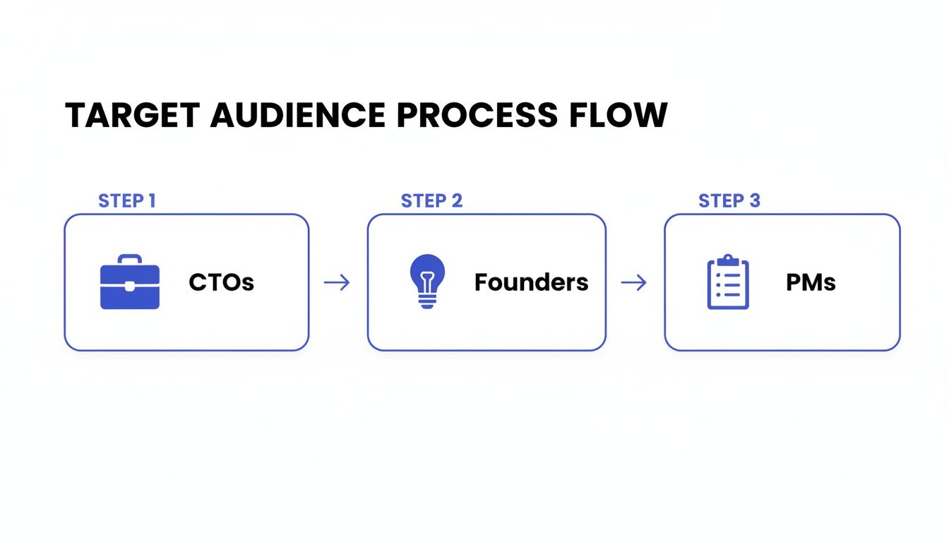 Target audience process flow diagram showing steps for CTOs, Founders, and PMs.