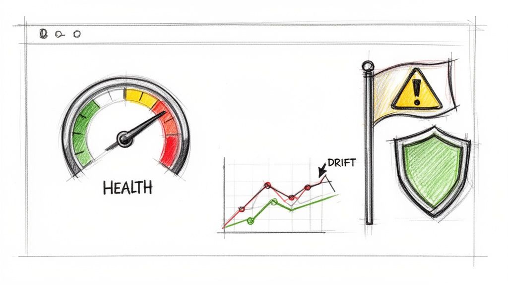 A sketch of a dashboard displaying health metrics, data drift, a warning flag, and a shield symbol.