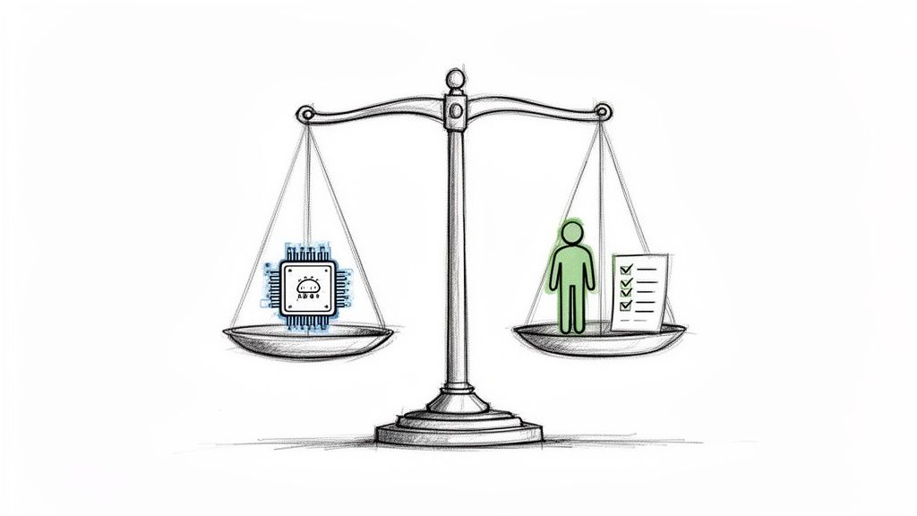A balance scale depicts a microchip outweighing a human figure and checklist, symbolizing AI governance.