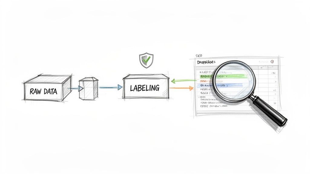 Diagram showing raw data processing, labeling, and inspection with a magnifying glass for quality.