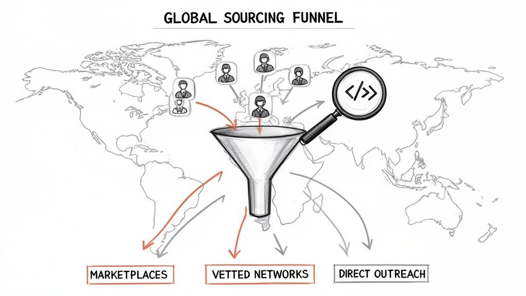 Illustration of a global sourcing funnel for remote developer recruitment, showing diverse talent acquisition methods.