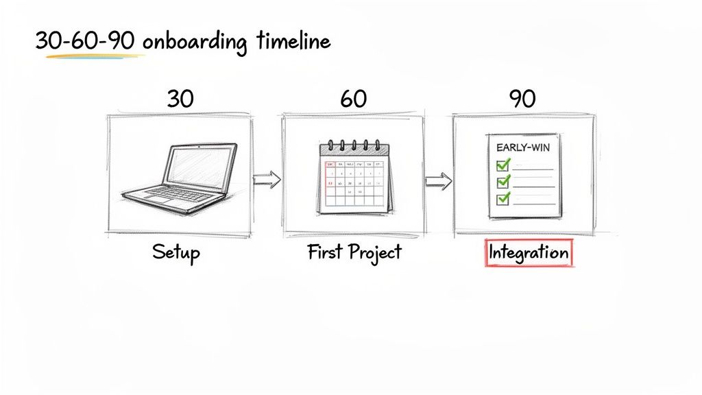 A 30-60-90 day onboarding timeline showing setup, first project, and integration stages.
