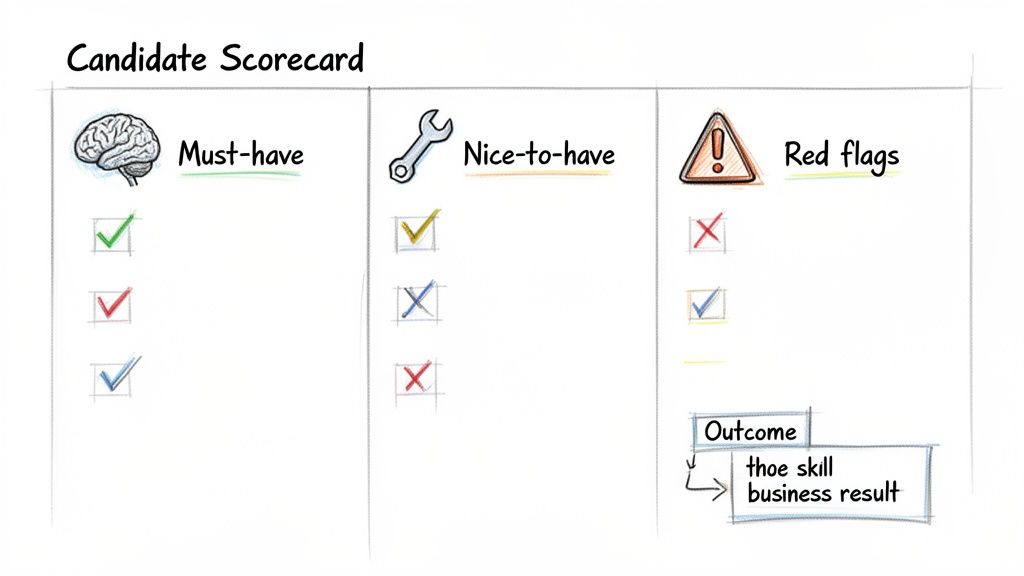 A candidate scorecard showing criteria for must-have skills, nice-to-have qualities, and red flags during evaluation.