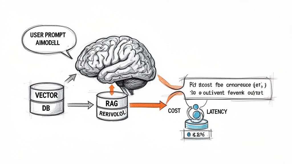 Diagram illustrating an AI model workflow using vector database and RAG for optimized output generation with cost and latency considerations.