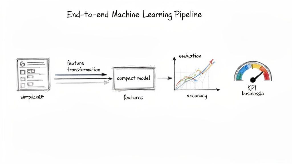 A diagram illustrating an end-to-end machine learning pipeline with steps from input to business KPI.