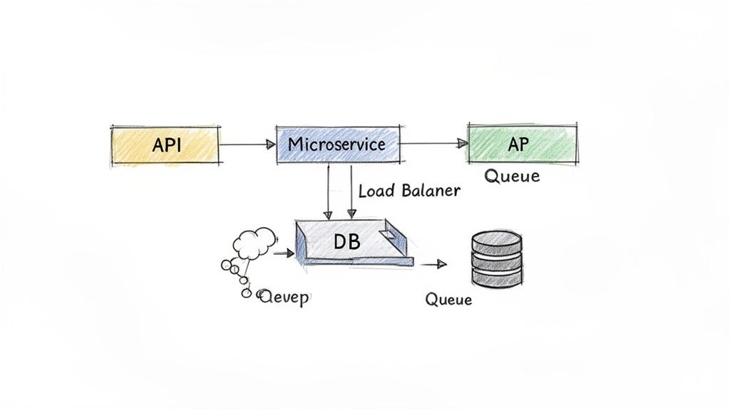 A technical diagram illustrating a microservice architecture with API, database, queues, and load balancer.