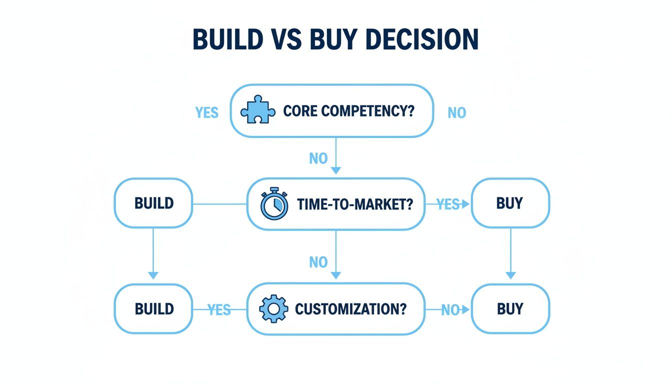 Flowchart illustrating the build vs buy decision process based on core competency, time-to-market, and customization.