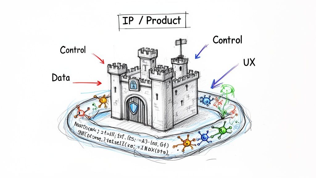 A castle representing IP/Product, with arrows for Control, Data, and UX, surrounded by code and virus-like elements.