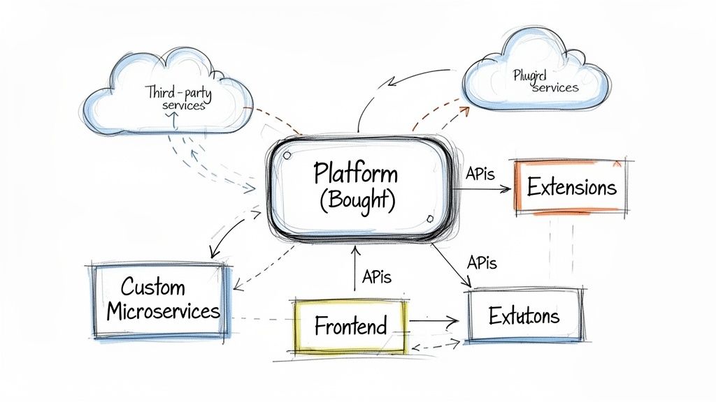 A software architecture diagram illustrates a 'bought' platform integrating with custom microservices, frontend, extensions, and external services.
