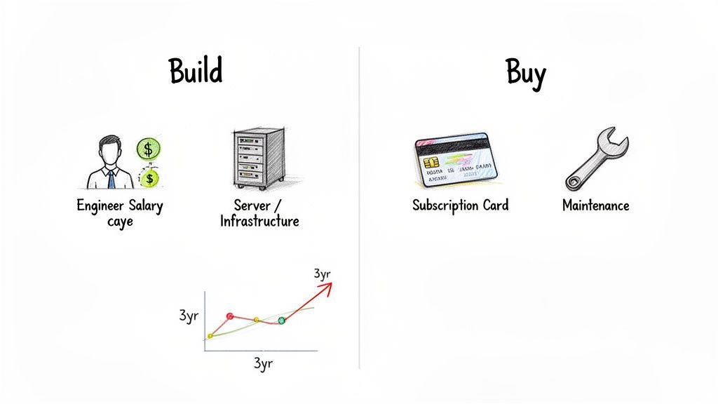 Diagram comparing 'Build' versus 'Buy' options, showing engineer salary, servers, subscriptions, and maintenance.