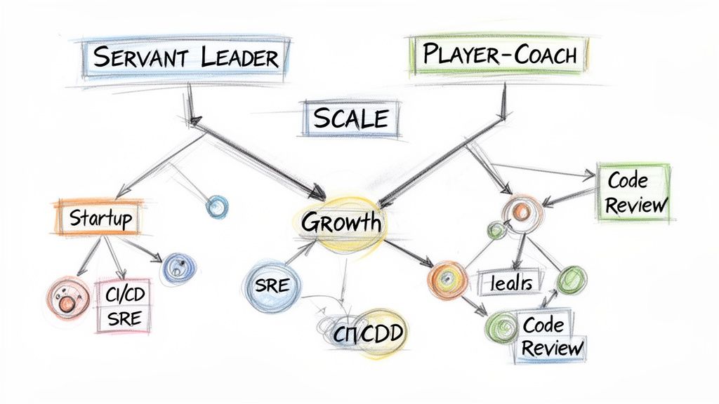 A hand-drawn diagram illustrating servant leader and player-coach roles in software development management and scaling.