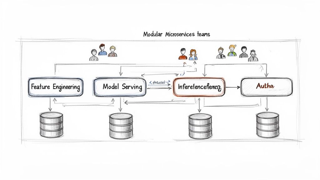 Diagram illustrating modular microservices teams managing an AI/ML pipeline with feature engineering, model serving, inference, and authentication.