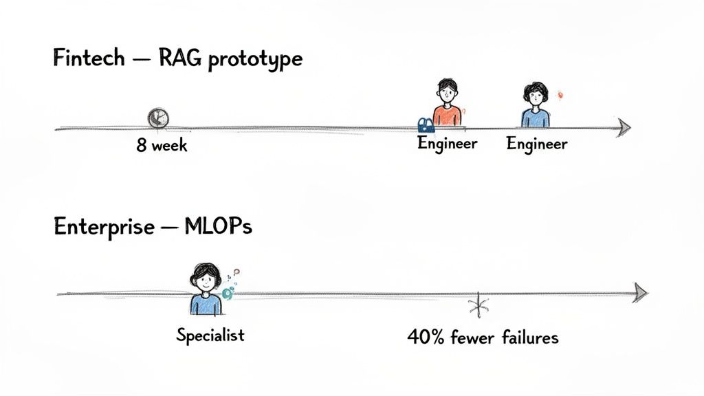 Illustration comparing fintech RAG prototype development by engineers with enterprise MLOps leading to 40% fewer failures.