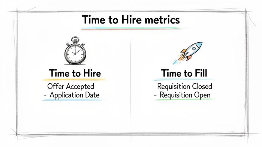 An infographic comparing Time to Hire (offer accepted - application date) and Time to Fill (requisition closed - open) metrics.