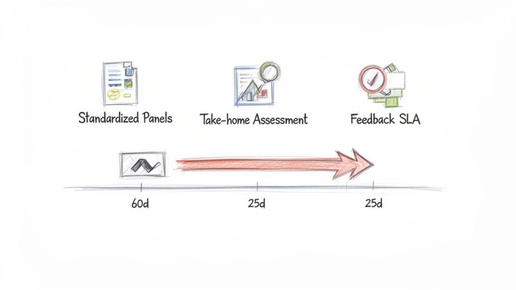 Hiring process timeline showing Standardized Panels, Take-home Assessment, and Feedback SLA stages.